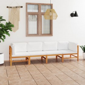 četrvietīgs dārza dīvāns, krēmkrāsas spilveni, masīvs tīkkoks
