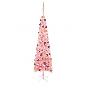 šaura Ziemassvētku egle ar LED un bumbiņām, 240 cm, rozā