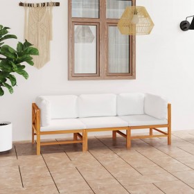 trīsvietīgs dārza dīvāns, krēmkrāsas spilveni, masīvs tīkkoks