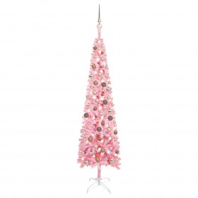 šaura Ziemassvētku egle ar LED un bumbiņām, 180 cm, rozā