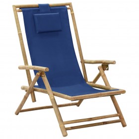 atpūtas krēsls, atgāžams, tumši zils audums, bambuss
