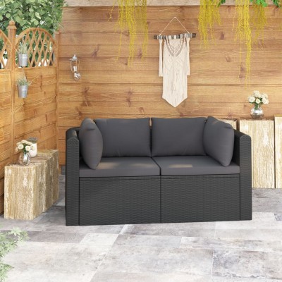 2-daļīgs dārza dīvāna komplekts ar matračiem, melns PE pinums