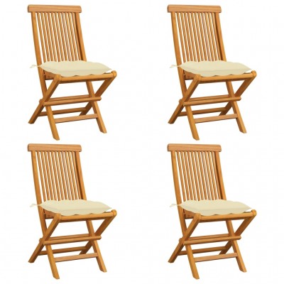 dārza krēsli, krēmbalti matrači, 4 gab., masīvs tīkkoks
