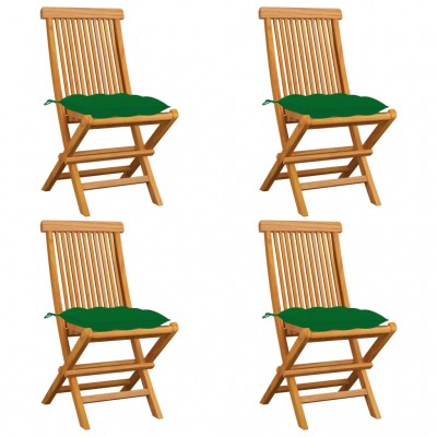 dārza krēsli, zaļi matrači, 4 gab., masīvs tīkkoks