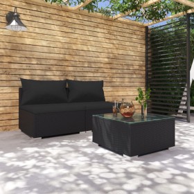 3-daļīgs dārza mēbeļu komplekts, matrači, PE rotangpalma, melns
