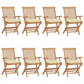dārza krēsli, 8 gab., krēmbalti matrači, masīvs tīkkoks
