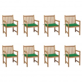 dārza krēsli, 8 gab., zaļi matrači, masīvs tīkkoks