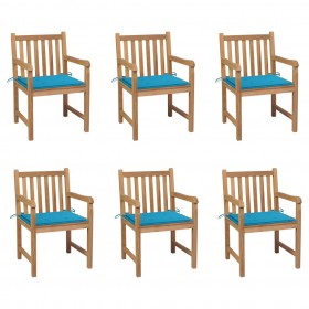 dārza krēsli, zili matrači, 6 gab., masīvs tīkkoks