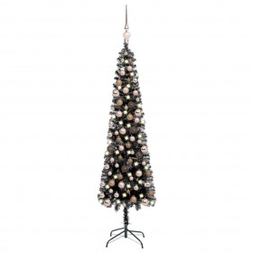 šaura Ziemassvētku egle ar LED un bumbiņām, 180 cm, melna
