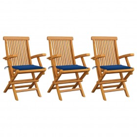 vidaXL dārza krēsli, koši zili matrači, 3 gab., masīvs tīkkoks