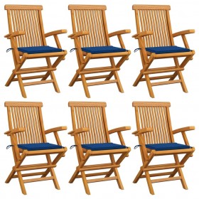 dārza krēsli, koši zili matrači, 6 gab., masīvs tīkkoks