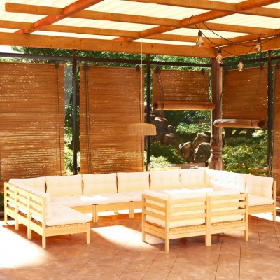 12-daļīgs dārza mēbeļu komplekts ar krēmkrāsas matračiem, koks