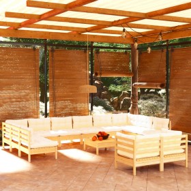 13-daļīgs dārza mēbeļu komplekts ar krēmkrāsas matračiem, priede