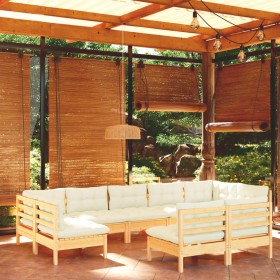 9-daļīgs dārza mēbeļu komplekts ar krēmkrāsas matračiem, priede