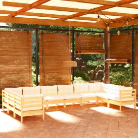 10-daļīgs dārza mēbeļu komplekts ar krēmkrāsas matračiem, koks