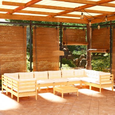 11-daļīgs dārza mēbeļu komplekts ar krēmkrāsas matračiem, koks