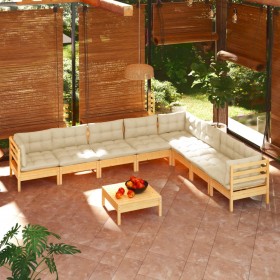 9-daļīgs dārza mēbeļu komplekts ar krēmkrāsas matračiem, priede