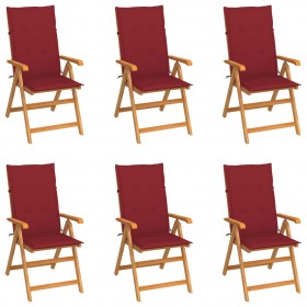 dārza krēsli, vīnsarkani matrači, 6 gab., masīvs tīkkoks