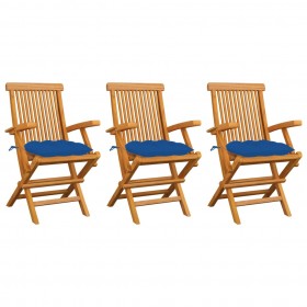 dārza krēsli, zili matrači, 3 gab., masīvs tīkkoks