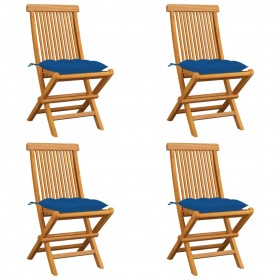dārza krēsli, zili matrači, 4 gab., masīvs tīkkoks