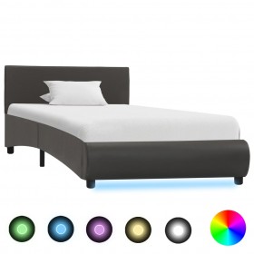 gultas rāmis ar LED, pelēka mākslīgā āda, 90x200 cm