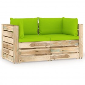 divvietīgs dārza dīvāns ar zaļiem matračiem, impregnēts koks