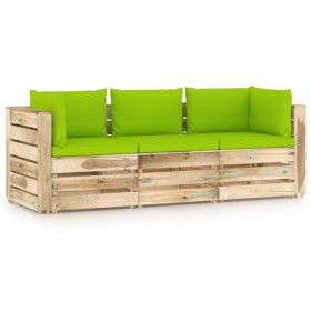 trīsvietīgs dārza dīvāns ar zaļiem matračiem, impregnēts koks