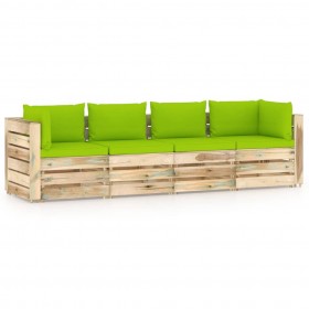 četrvietīgs dārza dīvāns ar zaļiem matračiem, impregnēts koks