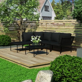 6-daļīgs dārza atpūtas mēbeļu komplekts ar matračiem, melns PVC