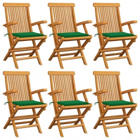 dārza krēsli, zaļi matrači, 6 gab., masīvs tīkkoks